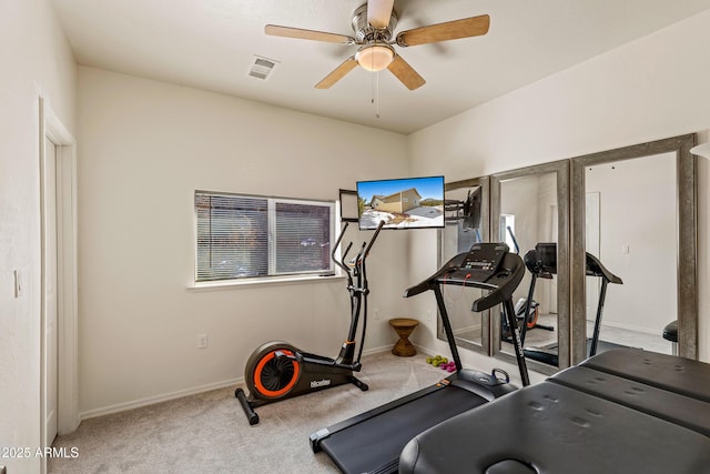 workout area featuring baseboards, carpet flooring, a ceiling fan, and visible vents