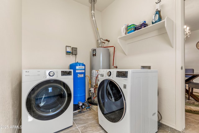 laundry room with gas water heater, washing machine and dryer, and laundry area