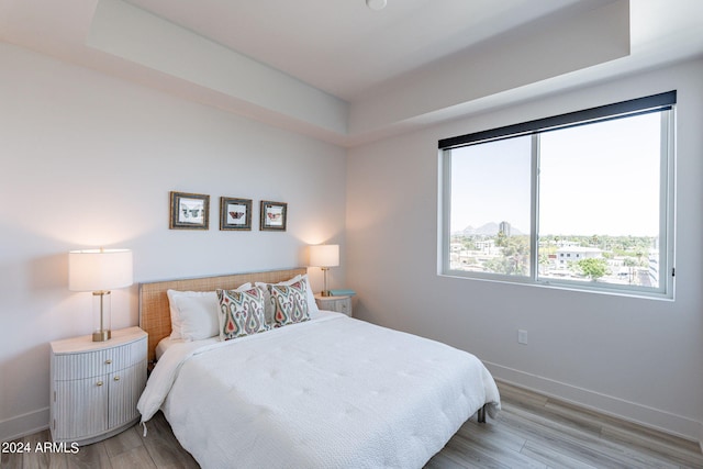 bedroom with a tray ceiling and light wood-type flooring