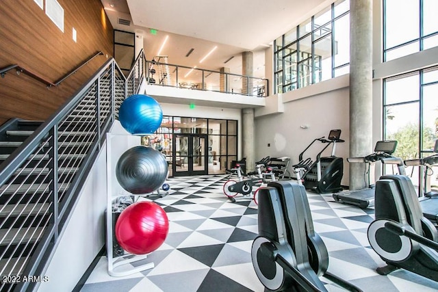 exercise room with a towering ceiling