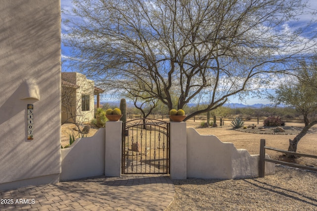 view of gate with a mountain view