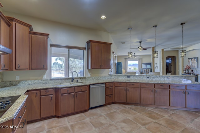 kitchen featuring pendant lighting, ceiling fan, dishwasher, and sink