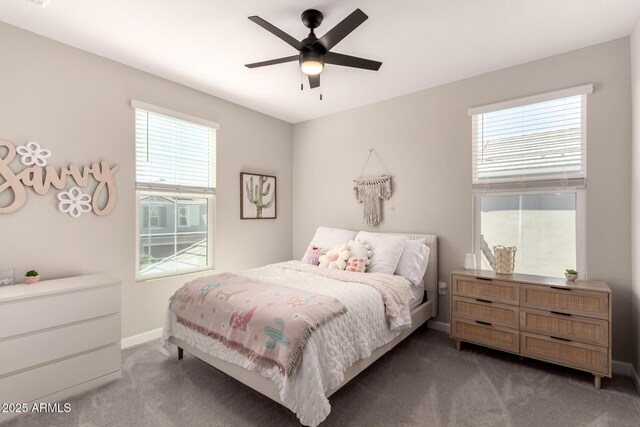 bedroom with carpet flooring, ceiling fan, and baseboards