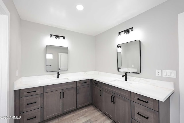 bathroom with hardwood / wood-style flooring and vanity