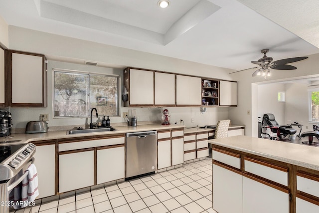 1012 E Wagon Wheel Dr, Phoenix, AZ 85020 - kitchen featuring stainless steel appliances, open shelves, light countertops, a sink, and a ceiling fan