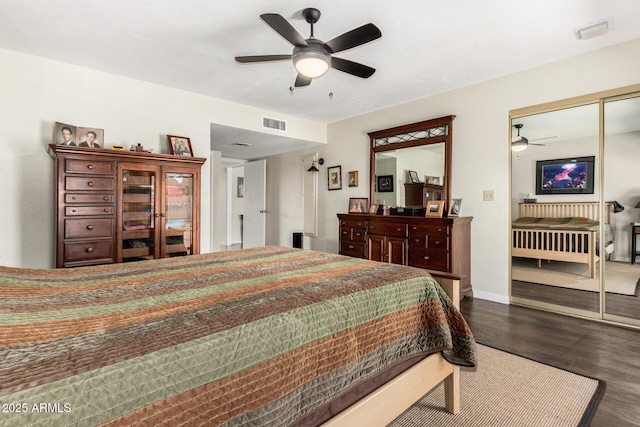 1012 E Wagon Wheel Dr, Phoenix, AZ 85020 - bedroom with dark wood finished floors, visible vents, a ceiling fan, and a closet