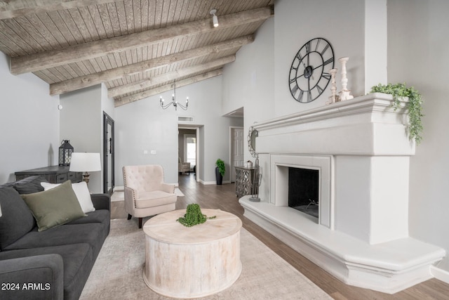 living room with an inviting chandelier, wood ceiling, beam ceiling, and hardwood / wood-style flooring