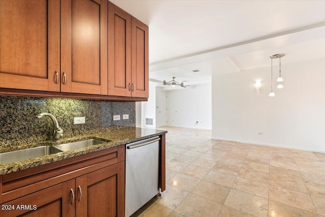 kitchen with pendant lighting, sink, stainless steel dishwasher, dark stone counters, and decorative backsplash