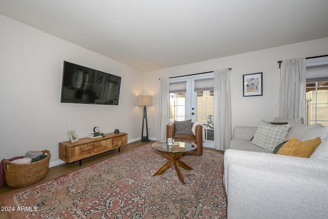 living room featuring french doors and wood-type flooring