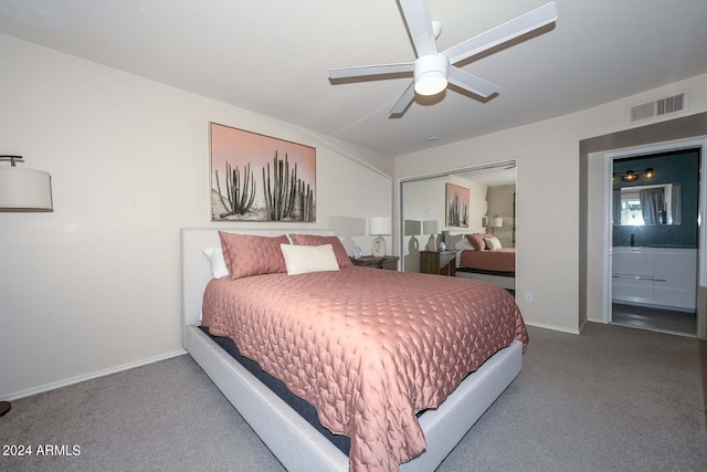 bedroom with ceiling fan, a closet, and carpet