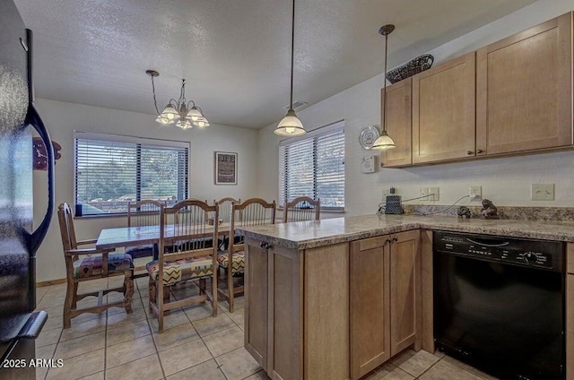 kitchen featuring decorative light fixtures, plenty of natural light, kitchen peninsula, and black dishwasher