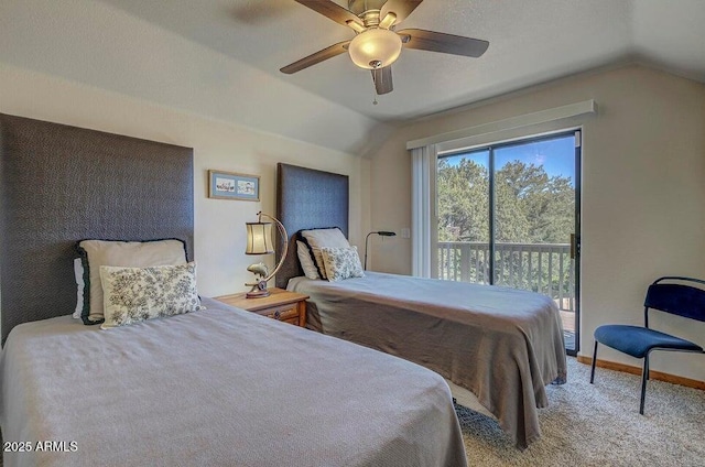 carpeted bedroom with ceiling fan, lofted ceiling, and access to outside