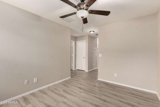 unfurnished room featuring light wood-type flooring and ceiling fan