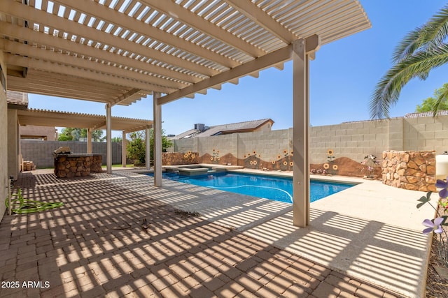 8256 W Bloomfield Rd, Peoria, AZ 85381 - view of pool with a fenced backyard, a patio area, a pool with connected hot tub, and a pergola