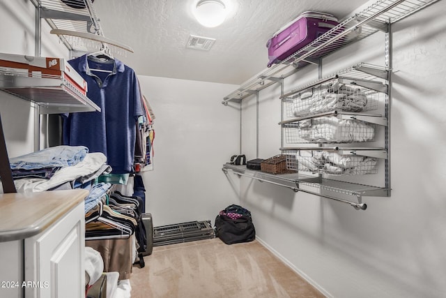 spacious closet featuring light carpet