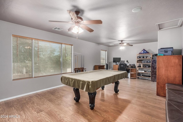 playroom featuring ceiling fan, pool table, and light hardwood / wood-style flooring