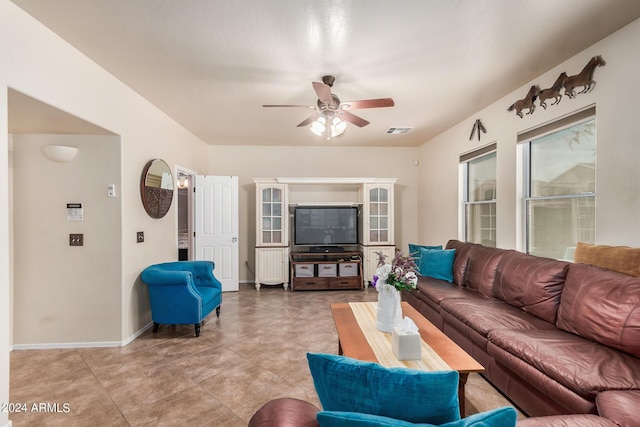 living room featuring ceiling fan