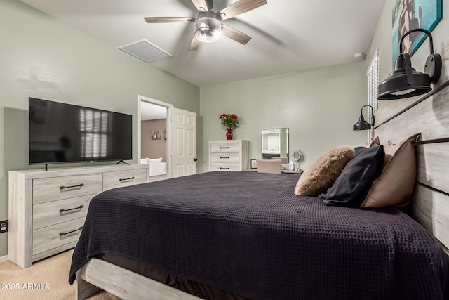 carpeted bedroom featuring ceiling fan