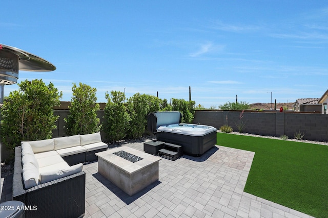29339 N 135th Dr, Peoria, AZ 85383 - view of patio / terrace featuring a hot tub and an outdoor living space with a fire pit