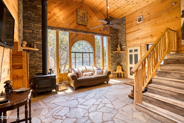 8455 Ridge Dr, Show Low, AZ 85901 - living area with high vaulted ceiling, a wood stove, wooden ceiling, a ceiling fan, and stairway