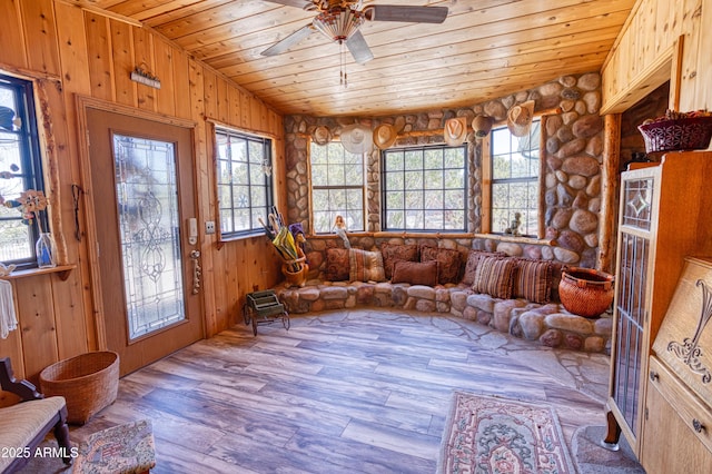 8455 Ridge Dr, Show Low, AZ 85901 - sitting room with wooden ceiling, a ceiling fan, wood finished floors, and wooden walls