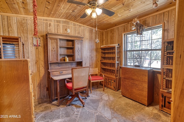 8455 Ridge Dr, Show Low, AZ 85901 - office space featuring wood ceiling, wooden walls, and ceiling fan