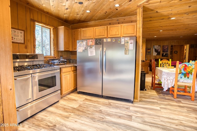 8455 Ridge Dr, Show Low, AZ 85901 - kitchen with appliances with stainless steel finishes, wooden ceiling, recessed lighting, light wood-style floors, and wood walls