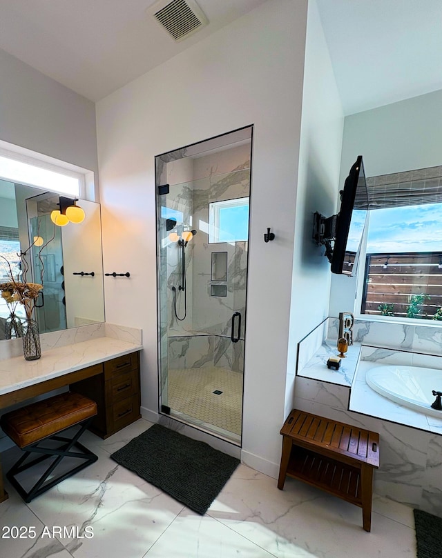 full bath featuring baseboards, marble finish floor, visible vents, a bath, and a marble finish shower