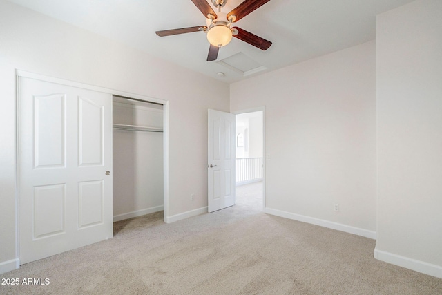 4389 E Muirfield St, Gilbert, AZ 85298 - unfurnished bedroom with ceiling fan, a closet, carpet flooring, attic access, and baseboards