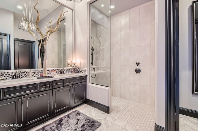 28609 N Cottonwood Basin Dr, Rio Verde, AZ 85263 - full bathroom with a walk in shower, double vanity, recessed lighting, and decorative backsplash
