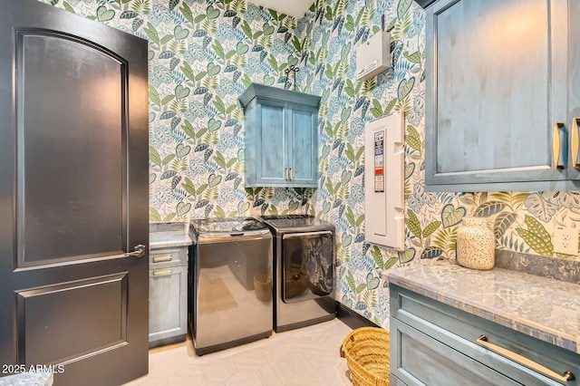 28609 N Cottonwood Basin Dr, Rio Verde, AZ 85263 - laundry room with wallpapered walls, cabinet space, washing machine and dryer, and baseboards