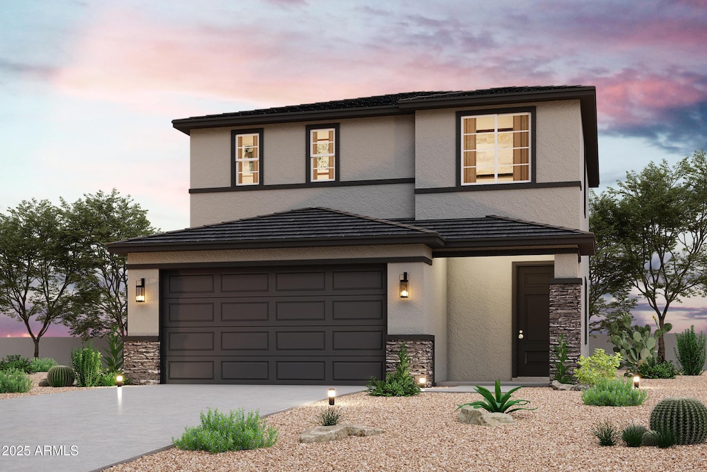 2595 E Music Mountain Ave, Apache Junction, AZ 85119 - view of front facade featuring stucco siding, concrete driveway, stone siding, and a garage