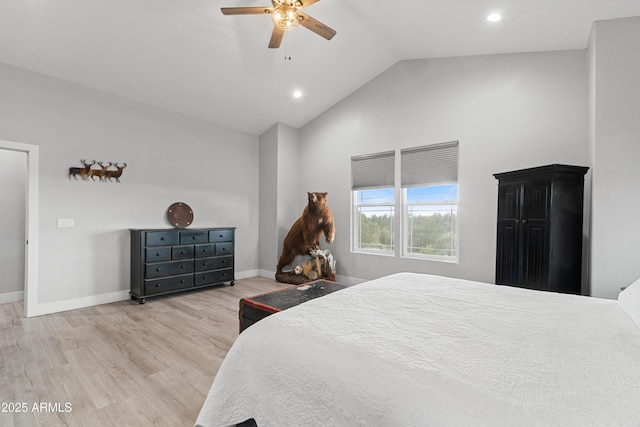 1305 N 22nd Ave, Show Low, AZ 85901 - bedroom with wood finished floors, high vaulted ceiling, ceiling fan, baseboards, and recessed lighting