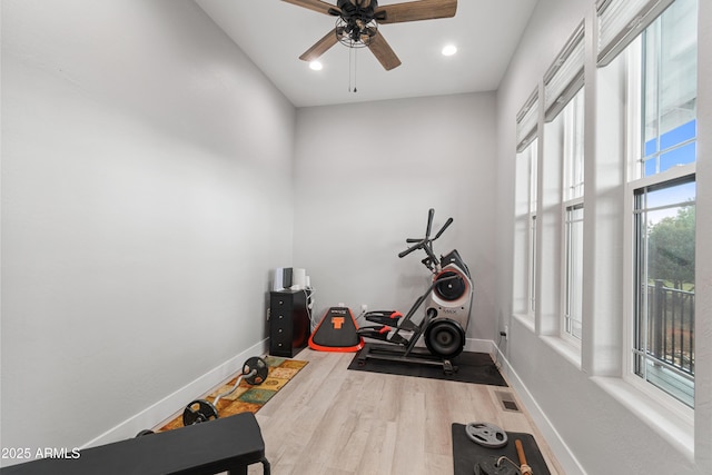 1305 N 22nd Ave, Show Low, AZ 85901 - exercise room featuring wood finished floors, baseboards, ceiling fan, and recessed lighting