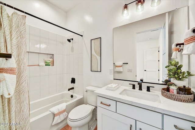 full bathroom featuring shower / bathtub combination with curtain, vanity, and toilet