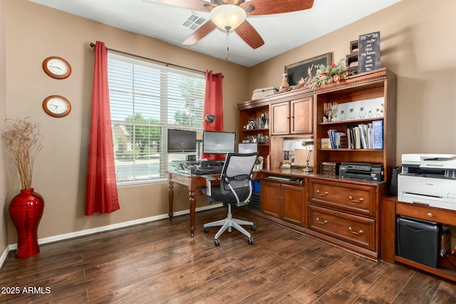 home office with dark wood-type flooring, ceiling fan, a healthy amount of sunlight, and visible vents