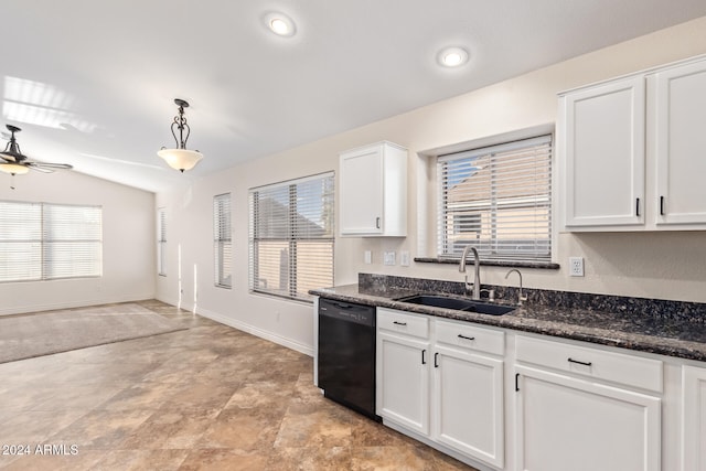 kitchen with white cabinets, ceiling fan, sink, decorative light fixtures, and dishwasher