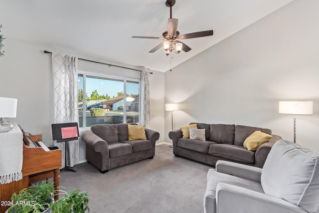 living room with carpet, vaulted ceiling, and ceiling fan