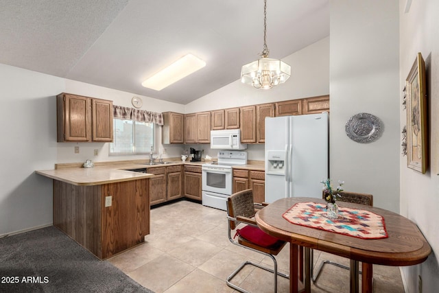 6424 E Aire Libre Ln, Scottsdale, AZ 85254 - kitchen featuring white appliances, a sink, a peninsula, vaulted ceiling, and a chandelier