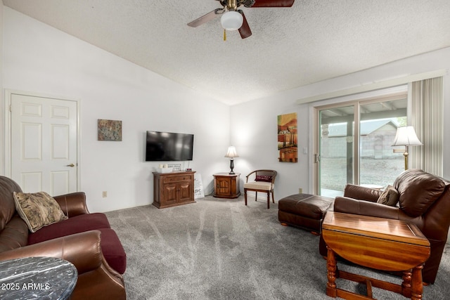 6424 E Aire Libre Ln, Scottsdale, AZ 85254 - carpeted living area with a ceiling fan, vaulted ceiling, and a textured ceiling