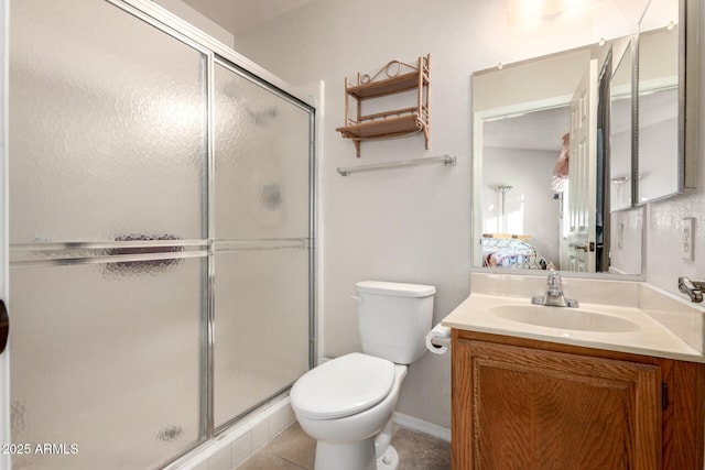 6424 E Aire Libre Ln, Scottsdale, AZ 85254 - ensuite bathroom with a stall shower, toilet, vanity, and tile patterned floors