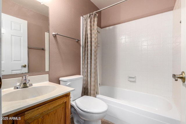 6424 E Aire Libre Ln, Scottsdale, AZ 85254 - full bathroom featuring a textured wall, toilet, vanity, and shower / bathtub combination with curtain
