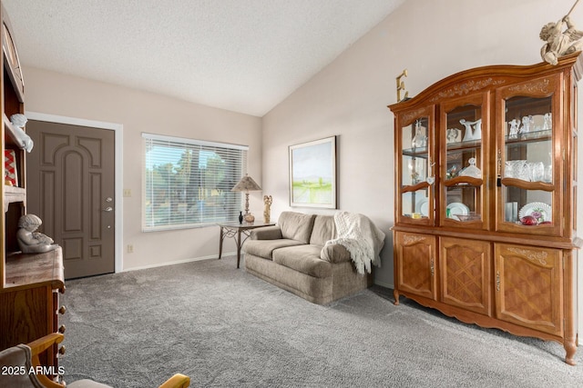 6424 E Aire Libre Ln, Scottsdale, AZ 85254 - carpeted living area with vaulted ceiling, a textured ceiling, and baseboards