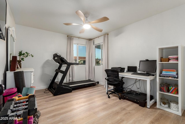 office space featuring baseboards, wood finished floors, and a ceiling fan