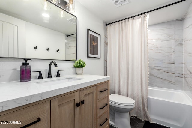 full bathroom featuring visible vents, shower / bathtub combination with curtain, toilet, and vanity