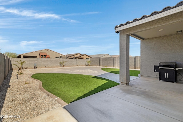 view of yard with a patio area, a fenced backyard, and visible vents