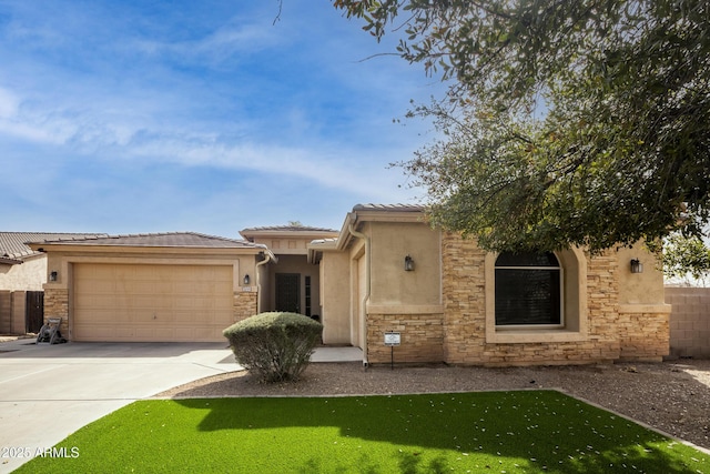 view of front of property with a garage, stone siding, driveway, and stucco siding