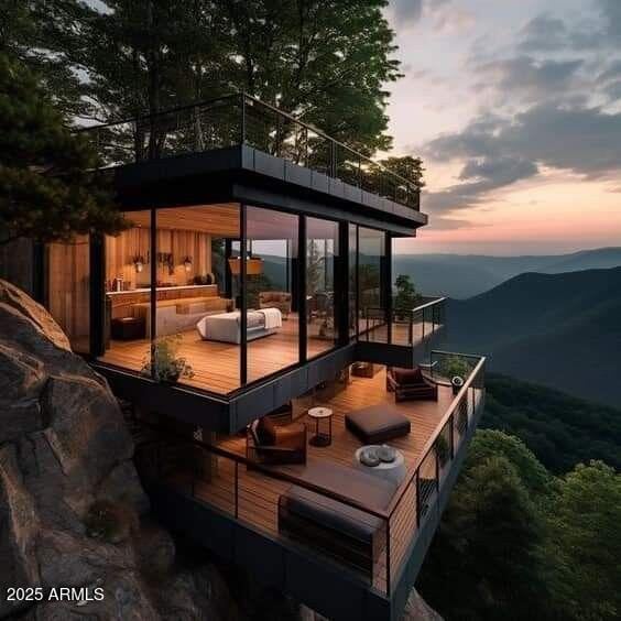 deck at dusk with a mountain view