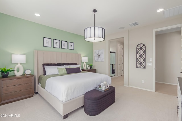 bedroom featuring baseboards, light colored carpet, visible vents, and recessed lighting