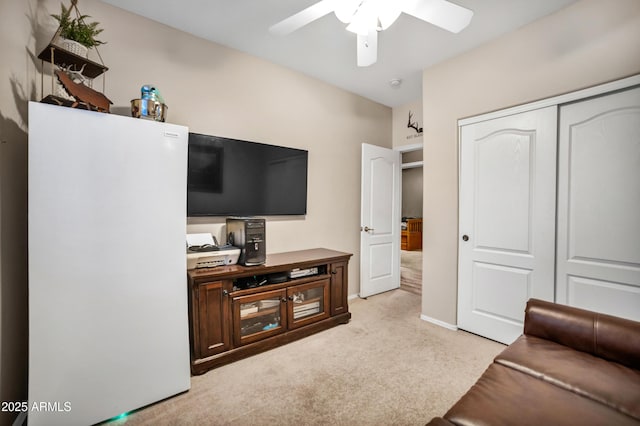 21604 E Calle De Flores, Queen Creek, AZ 85142 - living room with a ceiling fan, baseboards, and light colored carpet